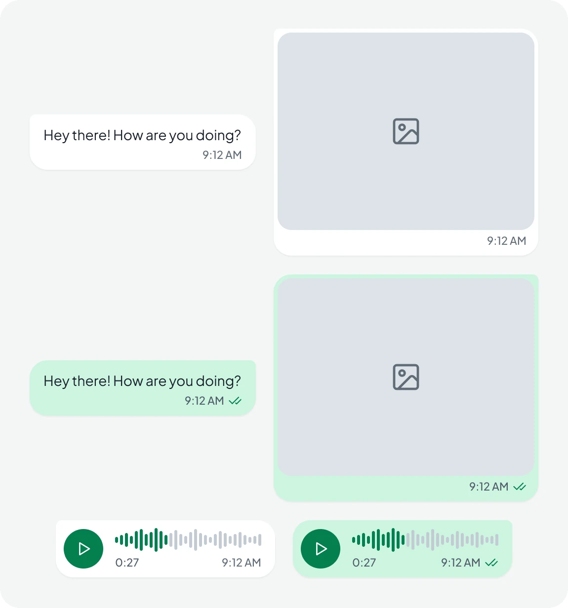 Received and sent message bubbles for text and photos, and received and sent voice notes with waveforms and read ticks