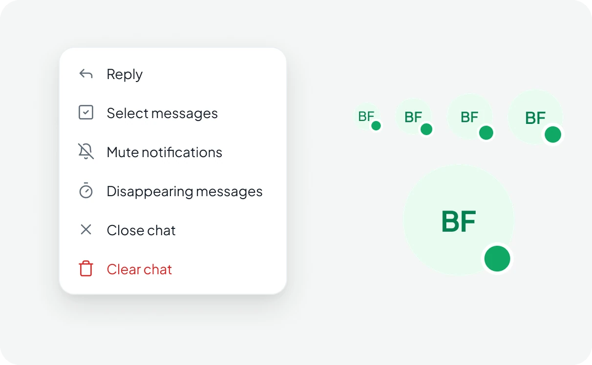 Chat menu with reply, select messages, mute, disappearing messages, close chat and clear chat in red, next to avatar sizes with online dots