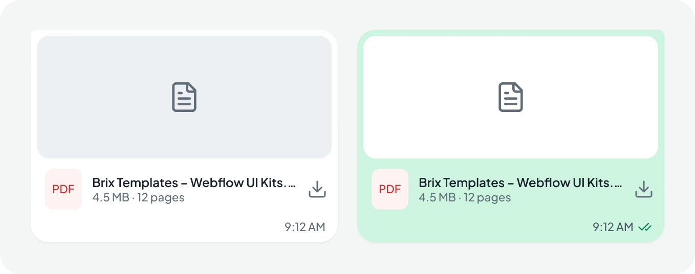 Received and sent file bubbles with a PDF preview, file size, page count and download button