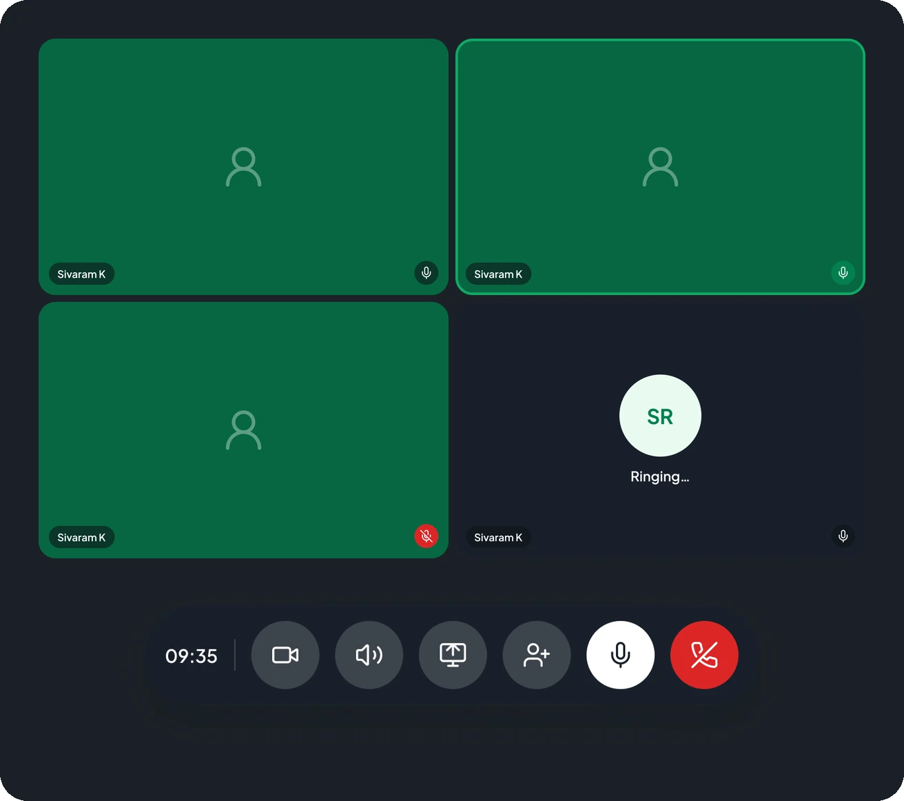 Group video call tiles with mute states and a ringing tile, above the call control bar with timer, camera, speaker, share screen, add person, mic and end call