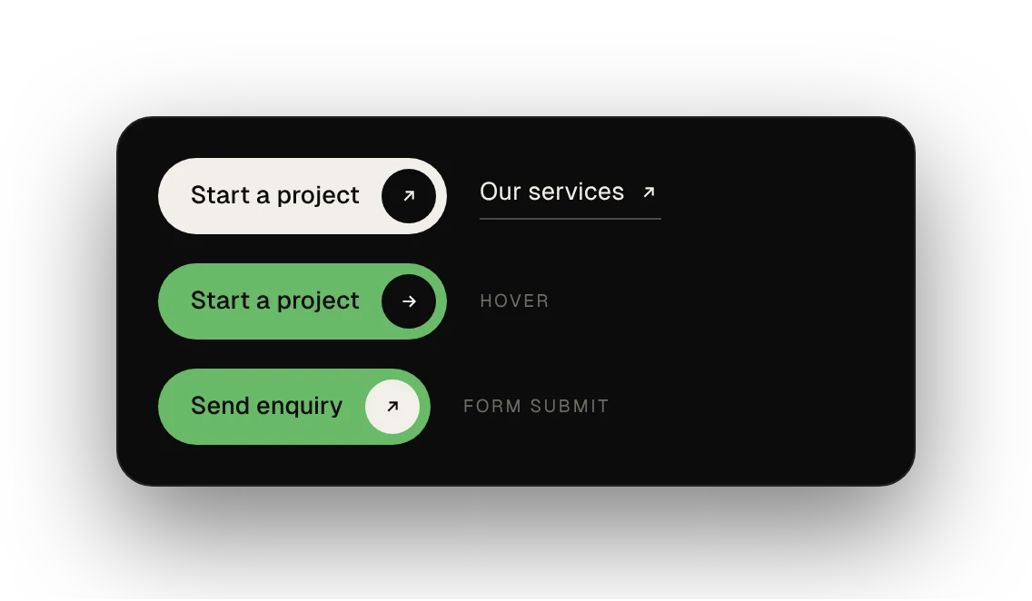 Start a project pill, Our services text link, the green hover state and the green Send enquiry button