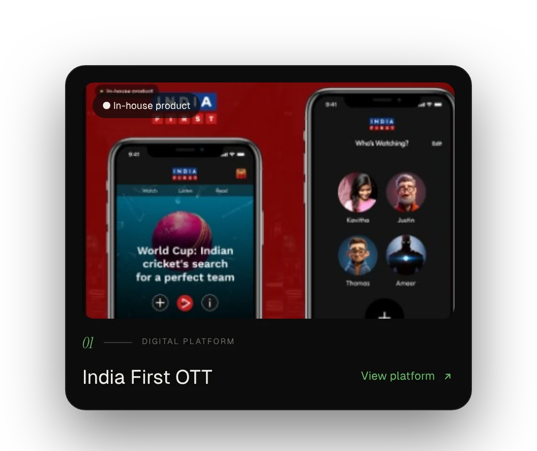 Product card for India First OTT with an In-house product badge and a View platform link