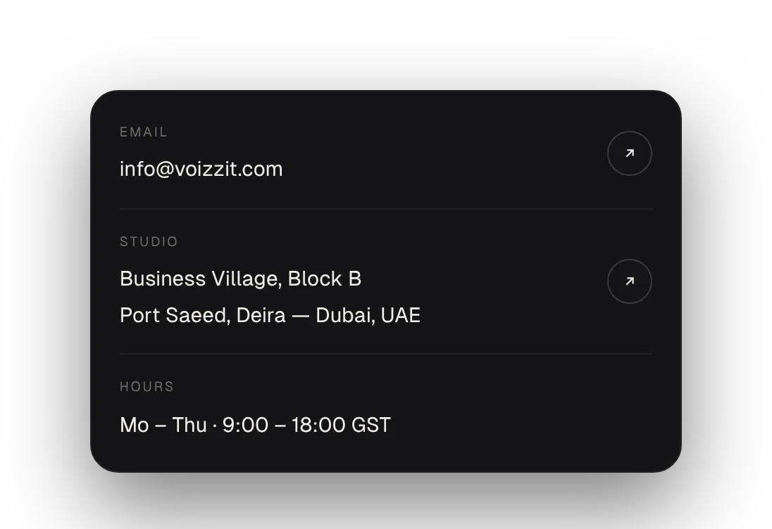 Contact rows for email, studio address and hours, each with an arrow button